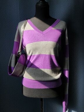 Chaps Classics Purple and Grey Striped V-Neck Sweater